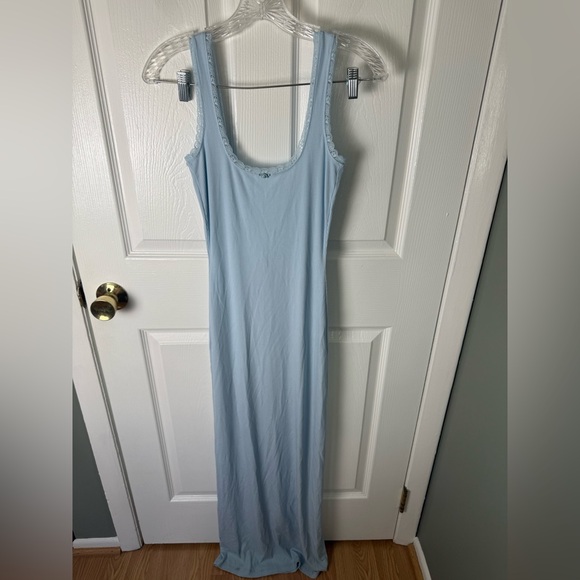 Skims Soft Lounge Lace Scoop Neck Long Dress in Celeste Blue - Picture 2 of 8